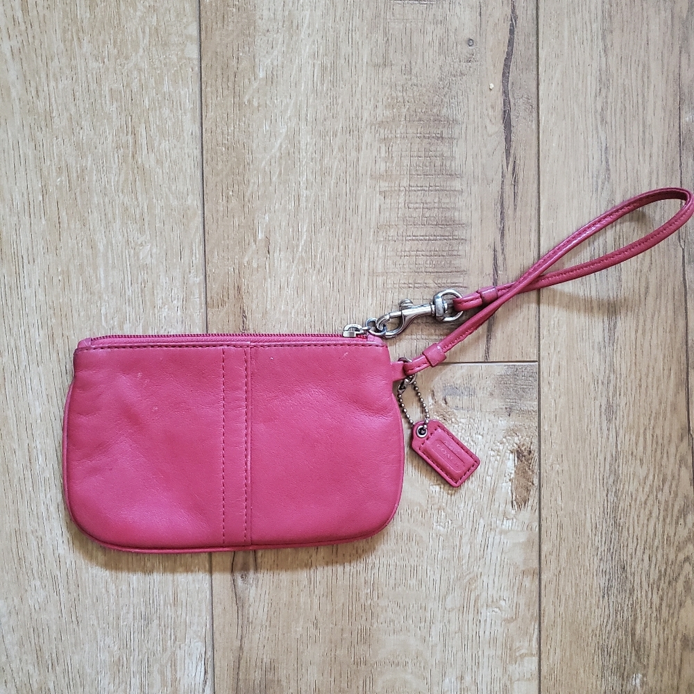 Coach Womens Pebbled Patent Leather Wristlet Wallet Red With Coach Charm
